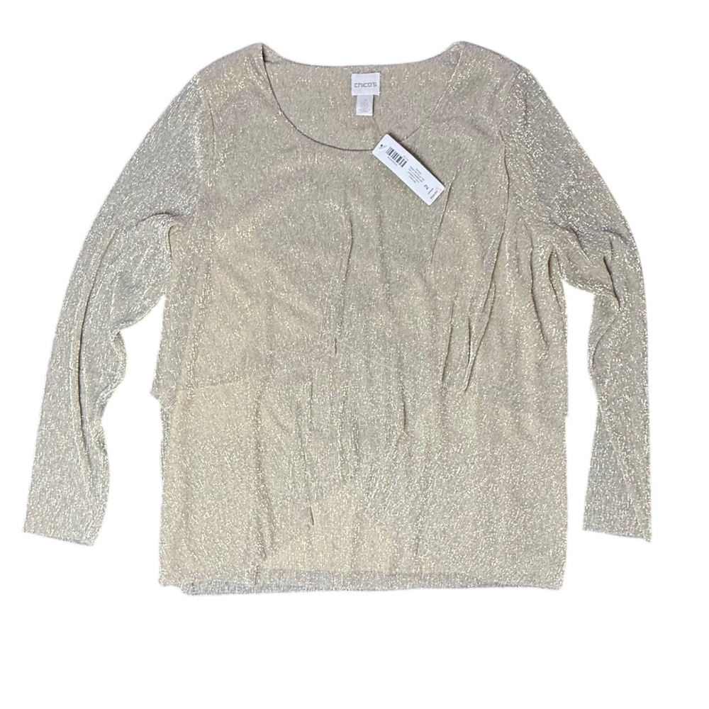 Chicos Size 2 Metallic Knit Top Stardust Gold‎ Tiered Long Sleeve